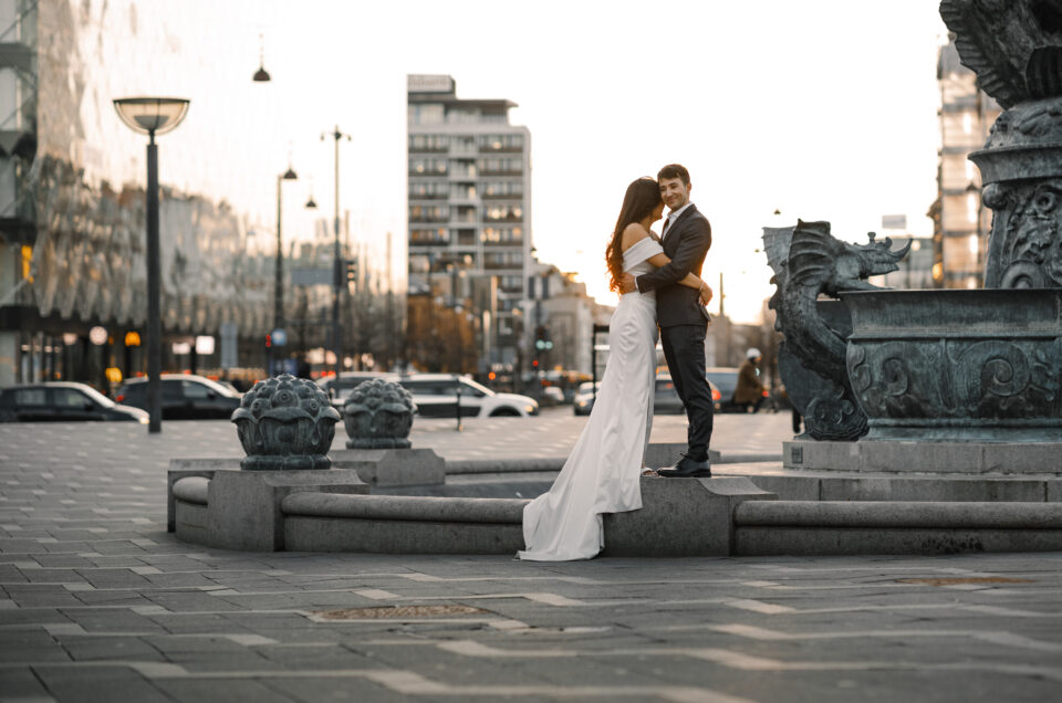 wedding couple at City Hall Square of Copenhagen